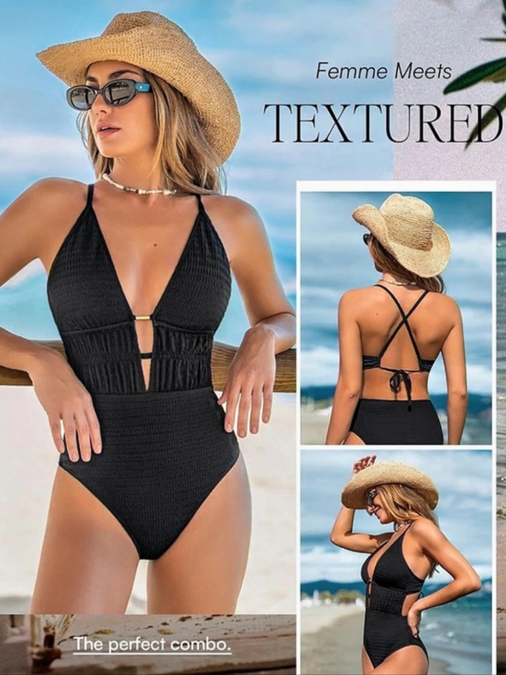 CUPSHE Plunge Textured One Piece Swimsuit with Cutout Black Large